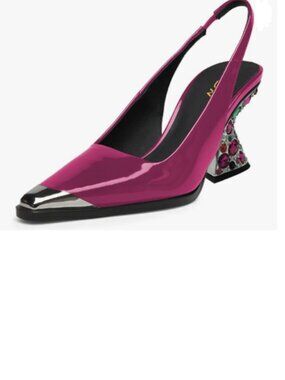 YDN Hot Pink Studded Elastic Slingback Colorful Chunky High Heels Metal Pumps